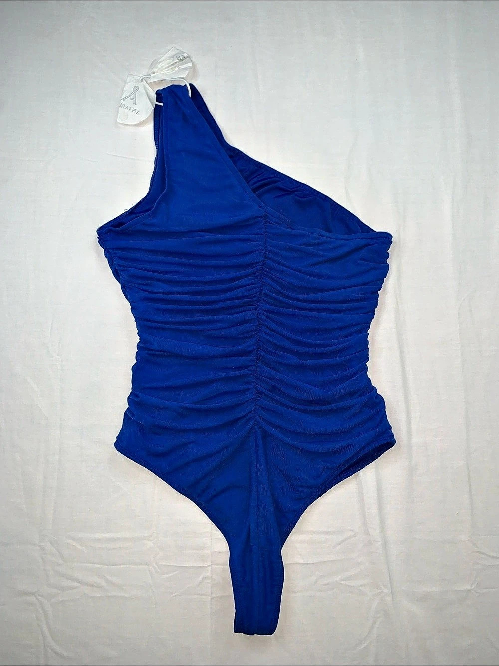 Anrabess Blue One-Shoulder Ruched Bodysuit Size Small New